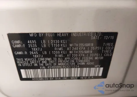 2016 Subaru Outback 2.5I Limited z USA, uszkodzony, nr VIN 4S4BSBNC9G3273234